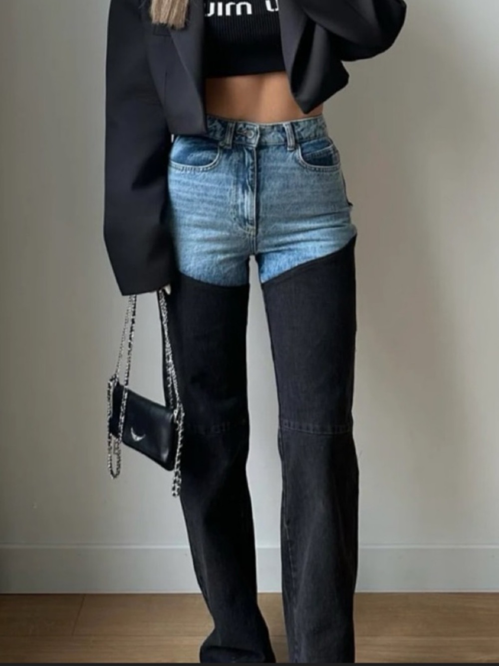Two-Tone High-Waist Straight Leg Jeans in Blue and Black